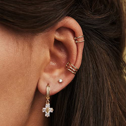 KissYan 14K Gold Plated Huggie Earrings for Women, S925 Sterling Silver Small CZ Cross Hoop Dangle Drop Earrings, Hypoallergenic Dainty Handmade Jewelry - style: Baguette Cross
