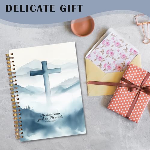Exqcom Easter Christian Spiral Notebook, He Has Risen Bible Verse Journal Gifts for Women, Watercolor Blue Cross Religious Hardcover Notebook Journal Church Office School Supplies, 5.5x8.3 - color: white Bible Notebook-V