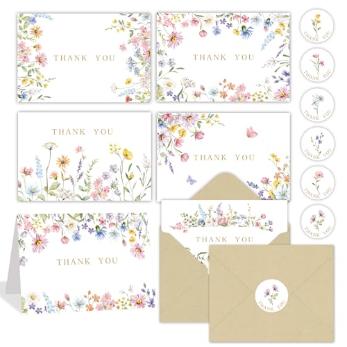 100 Sets Wildflower Thank You Cards with Kraft Envelopes Sticker Watercolor Floral Blank Greeting Cards for Mother's Day Baby Showers Valentines Holiday Birthday Wedding Party Favors - style: 100 pcs