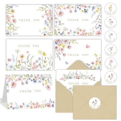 100 Sets Wildflower Thank You Cards with Kraft Envelopes Sticker Watercolor Floral Blank Greeting Cards for Mother's Day Baby Showers Valentines Holiday Birthday Wedding Party Favors - style: 100 pcs