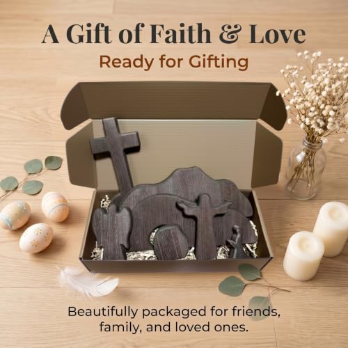 Wooden Empty Tomb Easter Scene Cross Decoration, 7-Piece Jesus Resurrection Nativity Set, Religious Christian Tabletop Decor for Home Office Church