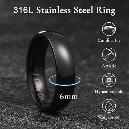 King Will 316L Wedding Band for Men Women, 4-8mm I LOVE YOU Dome Size 4-15 - color: D-Black-6mm