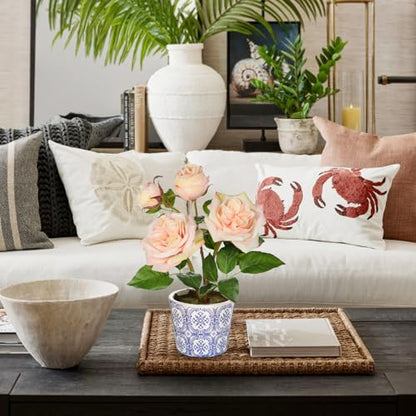 Hollyone Light Pink Real Touch Roses Artificial Flowers in Vase Blue and White Porcelain Ceramic Pot 13.4" Fake Roses Flower Arrangement Artificial Plants & Flowers Potted Plant Faux Silk Rose Flower - color: Rose 3 - Light Pink (13.4inch)