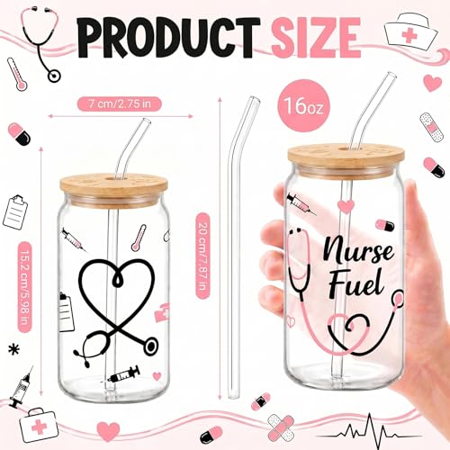 Glass Cups with Lids and Straws, 4Pack, 16oz, Nurse Nursing - color: Nurse Appreciation