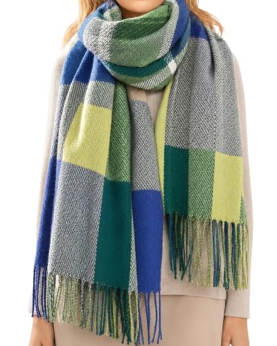 Loritta Winter Scarf for Women, Long Plaid Shawl Wraps Scarves Gifts - color: D-blue Green Lattice