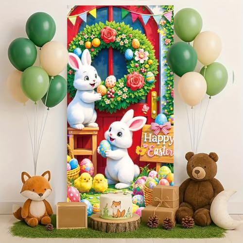 Happy Easter Bunny Door Banner, 30x75 Inch Outdoor Easter Decor with Rabbit Chick and Colorful Eggs, Large Spring Party Banner for Front Door Fence Garden Easter Celebration - color: multicolored#mf2602033
