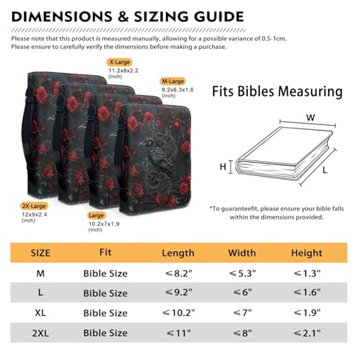 Faux Leather Bible Cover Church Bible Bag with Bookmarks Black Raven Red Rose Print Book Covers Carrying Bible Case with Zippered Pockets for Prayer Christian Study, M - color: Black Raven Red Rose, size: Medium