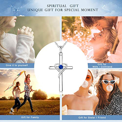 AmorAime 925 Sterling Silver Cross Necklace for Women Men 14K Gold Plated 5A CZ Birthstone Necklaces for Holiday - color: I.Dark Blue-September-Sapphire
