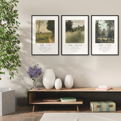 Christian Canvas Wall Art, Religious Scripture The Way The Truth The Life Poster, Set of 3 Bible Verses Print, Biblical Landscape Picture, Modern Spiritual Painting for Prayer 24x36in Framed - color: Set 2-Framed, size: 24L" x 36W"