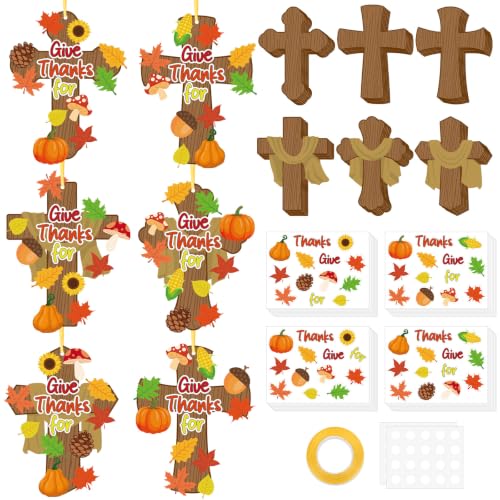 COCHIE 36 Sets Thanksgiving Crafts for Kids Fall Hanging Crafts Sunday School Craft for Kids DIY Christian Cross Crafts Religious Give Thanks Hanging Ornament for Classroom Home Church Party Activity