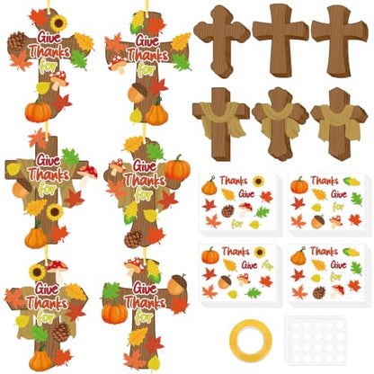 COCHIE 36 Sets Thanksgiving Crafts for Kids Fall Hanging Crafts Sunday School Craft for Kids DIY Christian Cross Crafts Religious Give Thanks Hanging Ornament for Classroom Home Church Party Activity