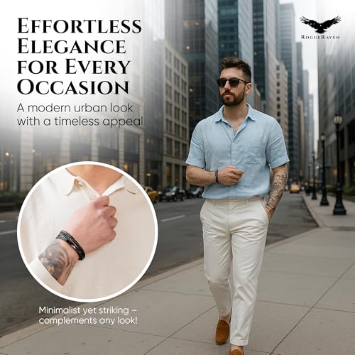 RogueRaven Black Leather Bracelet for Men – Premium Collection – Brown Black Gold Silver | Genuine Leather Mens Bracelet with Stainless Steel Clasp [Adjustable] | In Luxury Gift Box - color: black black
