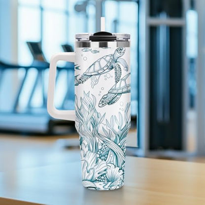 40oz Sea Turtle Tumbler with Straw Handle, Ocean Theme Gifts for Women Girls, Marine Life Stainless Steel Insulated Travel Coffee Mug Drink Cup for Teenagers Youth Birthday Graduation Beach Vacation - color: Sea Turtle-D-177