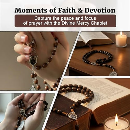 SANCTUM VERITAS Saint Faustina Kowalska True Relic Chaplet Apostle Divine of Mercy Miraculous Medal Jesus I Trust in You Chaplet Three O' Clock Prayer Poland Polish Novena - color: brown