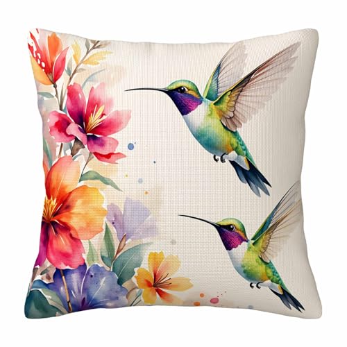 Flying Tropical Bird Throw Pillow Cover,Two Hummingbirds with Vibrant Watercolor Flowers Decorative Pillow Case,Summer Garden Cotton Linen Cushion Case for Home Decor 18 * 18 Inch - color: Settype12