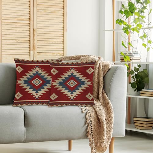 Swono Aztec Pattern Set of 2 Throw Pillow Covers Ikat American Navajo Style Chevron Red 18x18 Inches Pillow Cases Standard Cushion Cover Square Pillowcases for Men Women Decorative Home Bed Sofa - color: Aztec Pattern, size: 18" x 18" (Pack of 2)