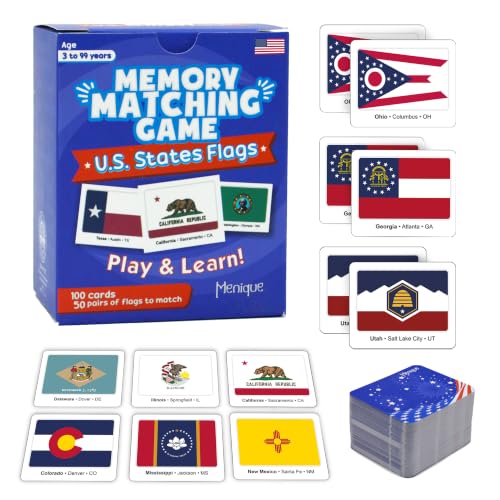Menique U.S. States Flags Memory Matching Game – 100 Cards, 50 States and Capitals – Flashcards – Learn Flags & Abbreviations – Kids and Adults - style: U.S. States Flags