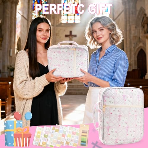 Zkptops Bible Cover Case for Women Large Bible Bag Cotton Quilted Bible Carrying Case with Zipper Pocket and Handle Carrying Book Cover for Christian Study Supplies Christian Gift(Bow Flower) - color: Fr Pink Purple Bow Flower