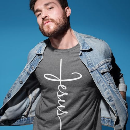 Jesus Cross T-Shirt - Christian Religious Graphic Tee for Men Women - color: Dark Heather, size: X-Large