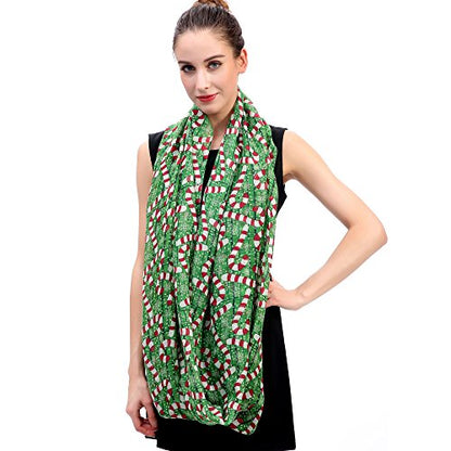 Lina & Lily Holiday Christmas Pattern Print Women's Infinity Scarf Lightweight - color: Green Red White, Candy Cane
