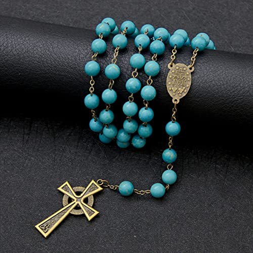 KOMI Rosary Beads Catholic for Women Gemstone Rosary Beads Necklace with Crucifix Cross Crystal Pearl Rosary Rosarios Catolicos Catholic Gifts - style: 6mm Turquoise