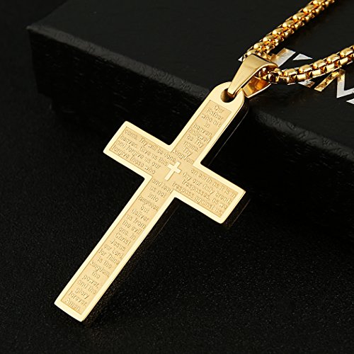 HZMAN Stainless Steel Cross Necklace for Men Women Lord's Prayer Pendant - color: Gold