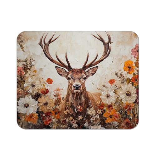 Wildflower Deer Mouse Pad for Desk, Deer Lover Gifts, Floral Botanical Buck Mousepads for Wireless Mouse Computers Laptop Home Office Supplies Accessories, 9.5x7.9 Inch - color: deer