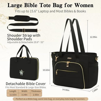 Large Bible Bag for Women, 2-in-1 Bible Tote with Detachable Embroidered Bible Cover & Study Supplies, Church Bible Study Bag, Gift-Ready Christian Gift for Women (Black) - color: Black