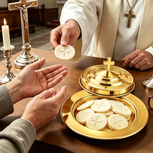 Communion Bread Tray with Lid for Churches, Round Stainless Steel Bread Plate with Cover for Wafers, Church Supplies Serving Tray for Communion and Altar Service, 1Pcs Gold Bread Tray - color: Gold