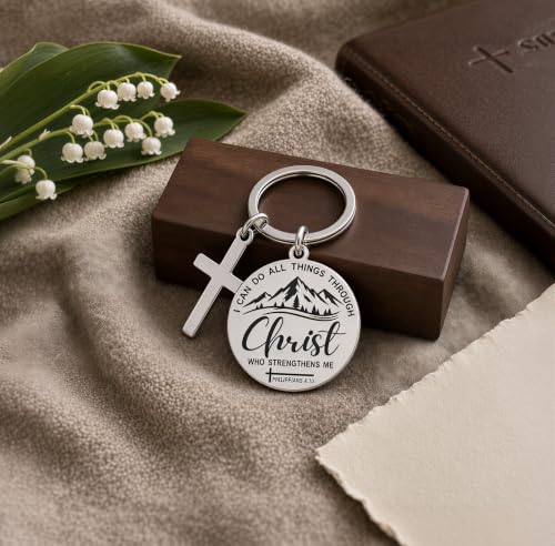 Cross Keychain Bible verse Stainless Steel Round Engraved