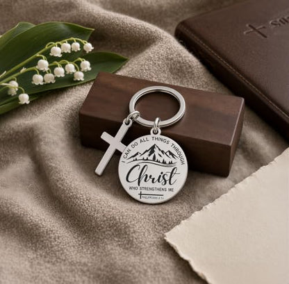 Cross Keychain Bible verse Stainless Steel Round Engraved