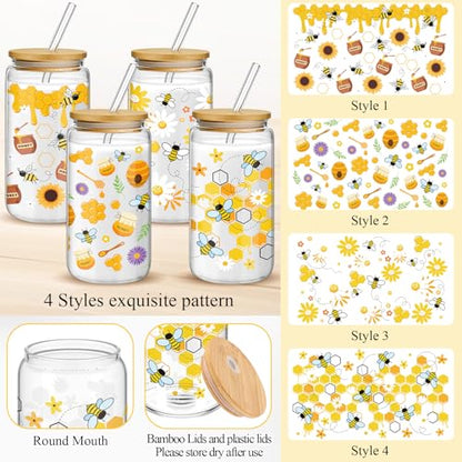 Mumufy 4 Pack Honey Bee Floral Glass Cup, 16 oz Tumbler Mug with Bamboo Lid - style: Honey Bee Floral