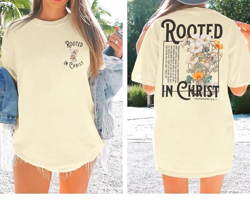 Rooted in Christ Shirt Christian Shirts for Women Jesus Oversized Tshirt - color: Beige, size: Large