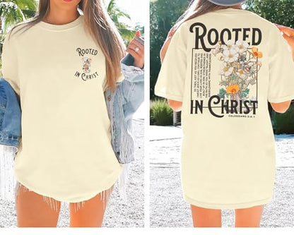 Rooted in Christ Shirt Christian Shirts for Women Jesus Oversized Tshirt - color: Beige, size: Large