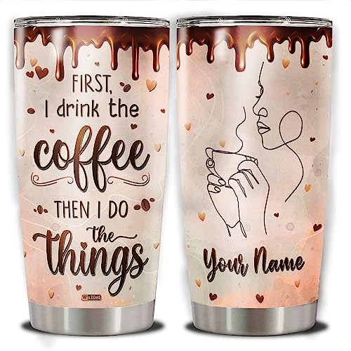 WAZONE Personalized Coffee Lovers Tumbler With Lid Monoline Art 20oz 30oz Thermos Gifts Birthday Christmas for Women Men Dad Mom Friends Custom Name Travel Mug Stainless Steel Insulated Cup - color: Coffee
