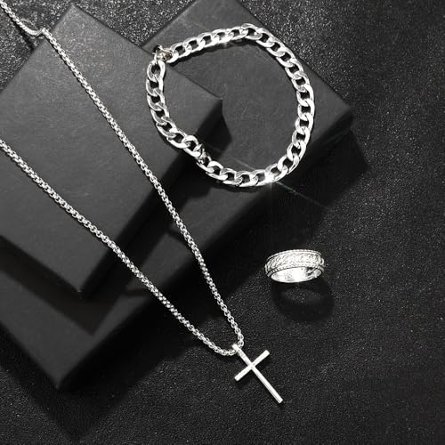 DATOA 3Pcs Cross Necklace Stainless Steel Chains Bracelet Ring for Men Silver Gold Black Pendant Minimalist Jewelry - color: Silver