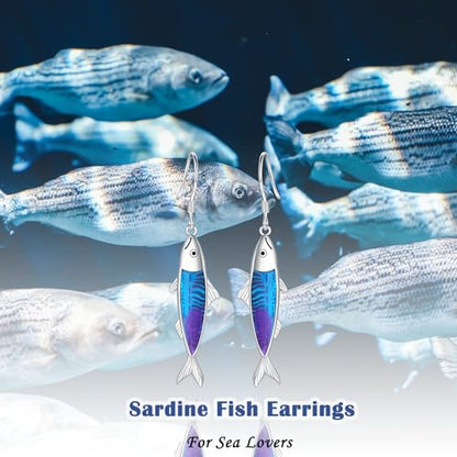 Sardine Fish Earrings for Sea Lovers - Sterling Silver Sardine Fish Dangle Earrings Marine Theme Fishing Party Ocean Jewelry Gift for Beach Vacation