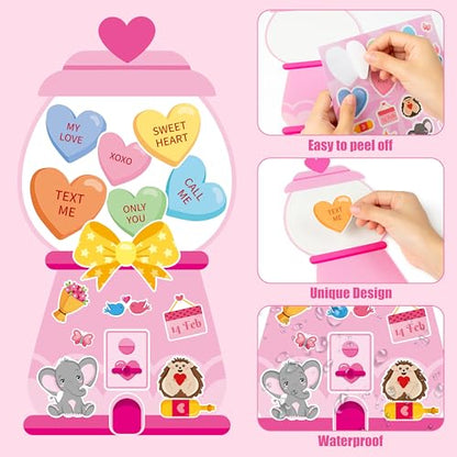 CY2SIDE Valentines Gumball Machine Stickers - 12 Sets of Valentine’s Day Conversation Heart Sticker Art Craft for Kids School Activities Make A Bubble Gum Machine Scene with Heart Bear Party Favors - style: Bubble gum machine