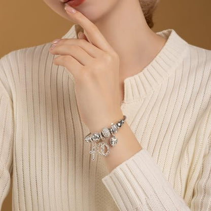 A&K Collections Mothers Day 18K Gold Beads Easter Basket Stuffers Bangle with Rhinestones Pandora Style Trendy Cross Heart Charm Luxury Adjustable Bracelet for Women Teen Girl Gifts Trendy Stuff Religious Jewelry - color: SILVER