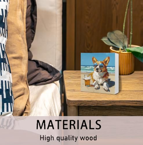 Coastal Beach Corgi Wooden Box Sign, Gifts for Corgi Lovers, Funny Beer Corgy Wood Signs for Beach House Man Cave Bar Pub Home Kitchen Desk Table Shelf Decoration, 5x5 Inch - color: Coastal Beach Corgi