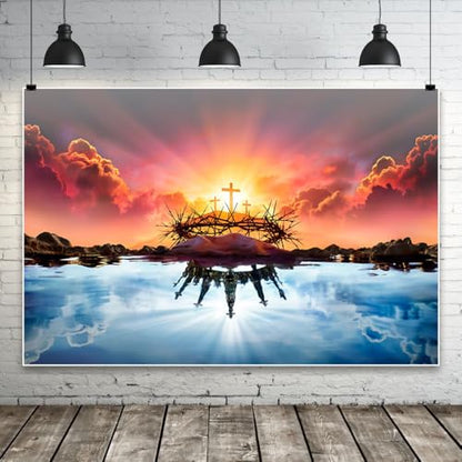 Renaiss 6x4ft Resurrection of Jesus Backdrop Reflection of Holy Light Sky on Water Photography Background Crown of Thorns Easter Banner Church Event Christian Party Decoration Photo Booth Props - size: 6x4ft