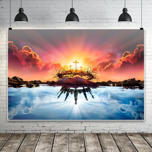 Renaiss 8x6ft Resurrection of Jesus Backdrop Reflection of Holy Light Sky on Water Photography Background Crown of Thorns Easter Banner Church Event Christian Party Decoration Photo Booth Props - size: 8x6ft