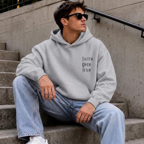 BINTEHGS Faith Over Fear Hoodie Christian Religious Hoodies for Men Oversized Cross Graphic Sweatshirts Jesus God Pullover - color: Light Gray, size: Medium