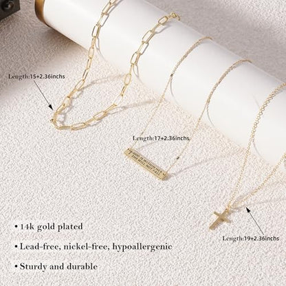 Bozidol 3 Layered Gold Necklaces for Women, Stackable Dainty 14K Gold Plated Cross Bible Verse Necklace Set Choker Layering Faith Christian Religious Jewelry Gifts for Women - color: Gold 01