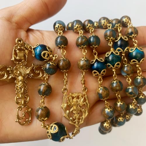 Handmade vintage copper 5 decade rosary for women & men Natural Blue Green Golden Shine Stone & Tiger Eye Beads Necklace Perfect Catholic gifts with box openwork crucifix