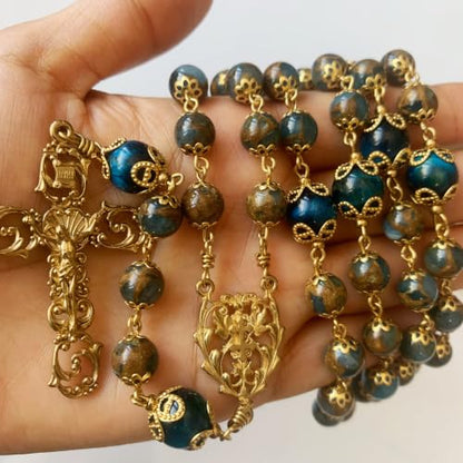 Handmade vintage copper 5 decade rosary for women & men Natural Blue Green Golden Shine Stone & Tiger Eye Beads Necklace Perfect Catholic gifts with box openwork crucifix