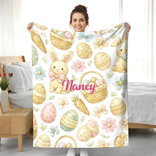 KiKiLuna Personalized Easter Bunny Flannel Throw Blanket, 10 Cartoon Designs, Custom Name Cute Spring Egg Pattern Cozy Gift for Kids Girls - color: Design 11