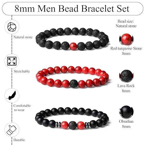 Mens Beaded Bracelets, 8MM Beaded Bracelets for Men, Natural Tiger Eye Bead Bracelet, Stretch Elastic Beads Bracelets for Men - color: 3 volcanic red turquoise black