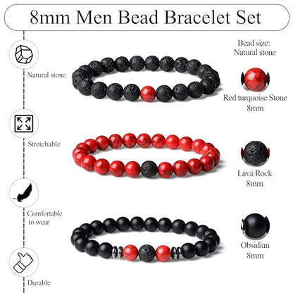 Mens Beaded Bracelets, 8MM Beaded Bracelets for Men, Natural Tiger Eye Bead Bracelet, Stretch Elastic Beads Bracelets for Men - color: 3 volcanic red turquoise black