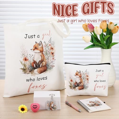 Kinlop 5 Pcs Foxes Gifts for Women Include Just a Girl Who Loves Foxes Tote Bag Canvas Cosmetic Bag Coil Notebook Keychain and Ballpoint Pen for Women Girls - color: Pink, style: Fox